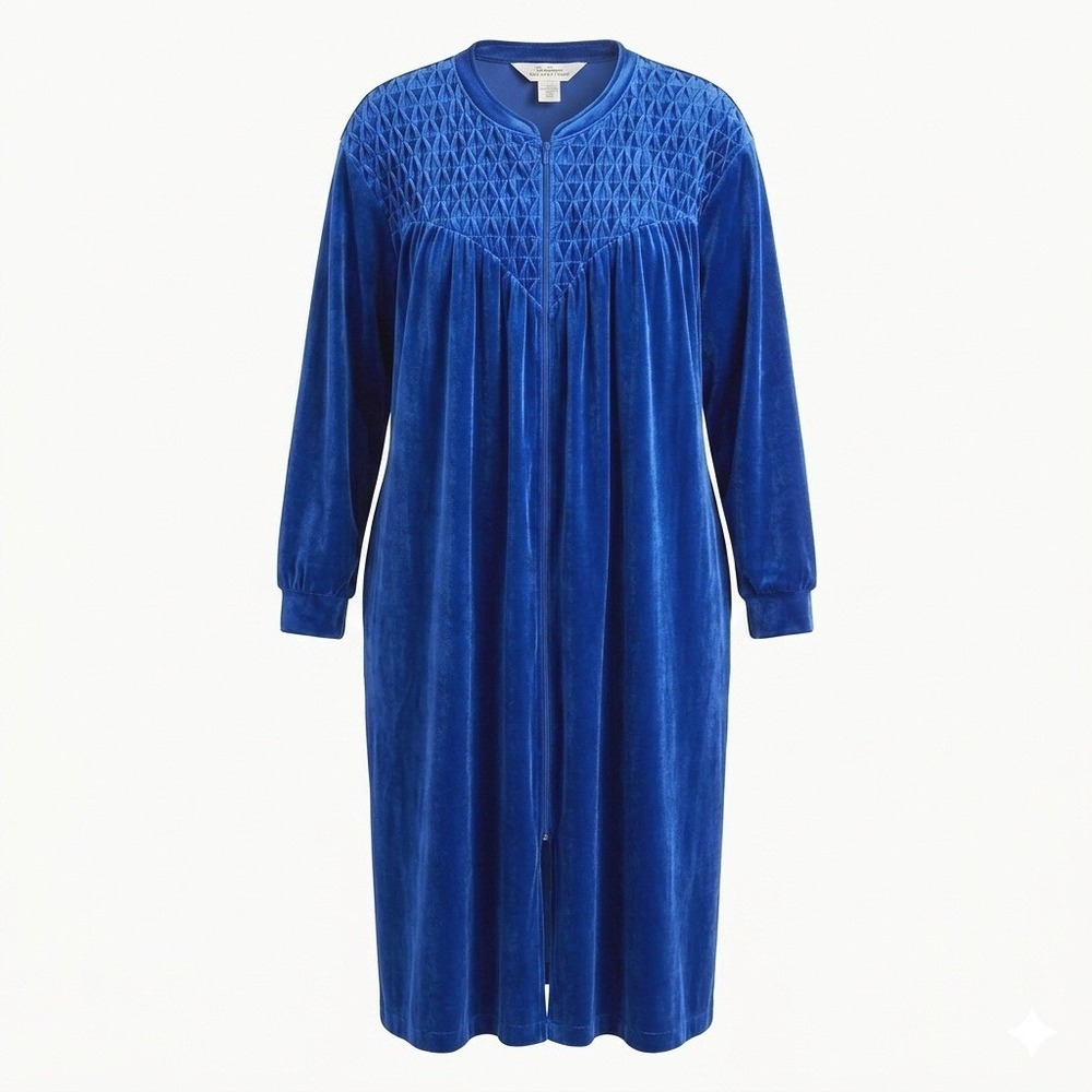 Vermont Country Store Womens 2X Royal Blue Stretch Velour Zip Housecoat Robe